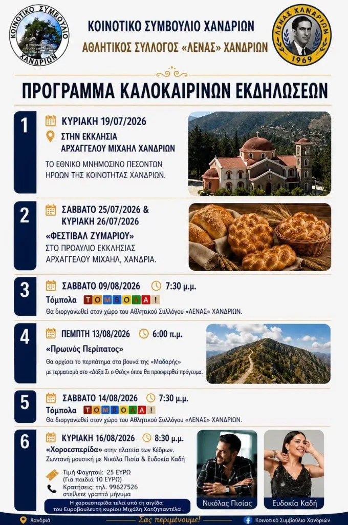 Πρόγραμμα Καλοκαιρινών Εκδηλώσεων Χανδριών 2026